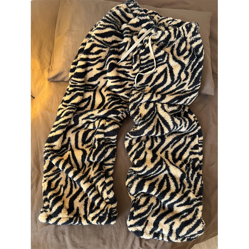 法式复古虎纹保暖法兰绒睡裤女冬