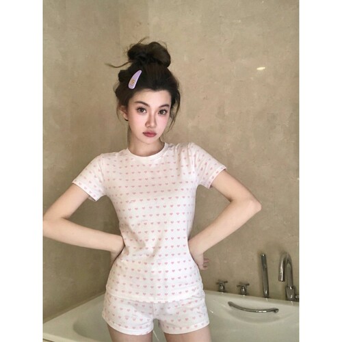 甜美温柔风爱心印花短袖睡衣女2026夏款大码休闲短裤家居服两件套