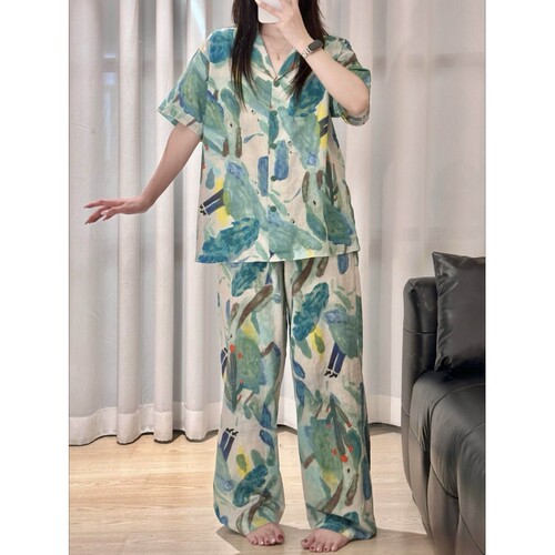 水彩油画棉绸短袖长裤睡衣套装女