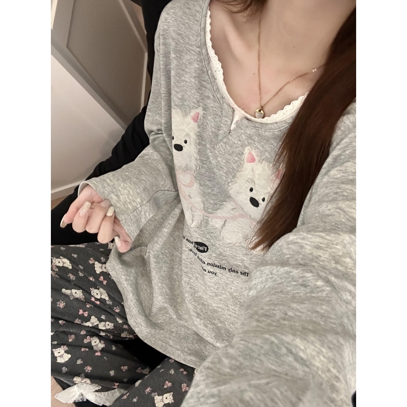 可爱小狗碎花蕾丝边睡衣女春秋季