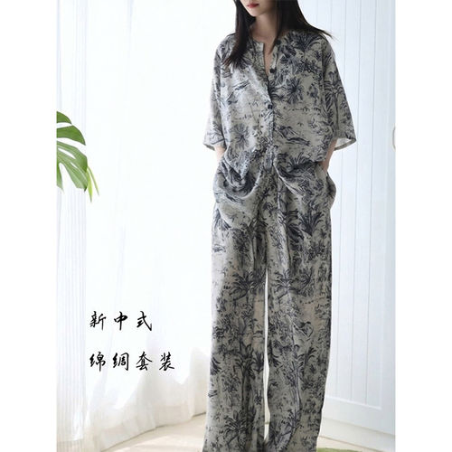 夏季新款新中式设计感棉绸睡衣女