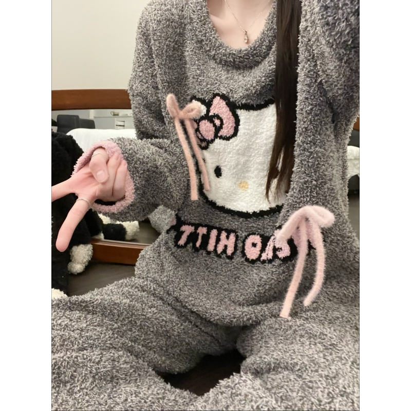 针织半边绒睡衣女冬季家居服套装