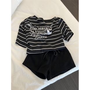 睡衣女款 新款 韩系撞色条纹印花短袖 夏季 可外穿 休闲短裤 家居服套装