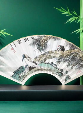 古趣图 手绘扇面人物画猴子柏树 仿范曾名家扇子95寸18方折扇多图