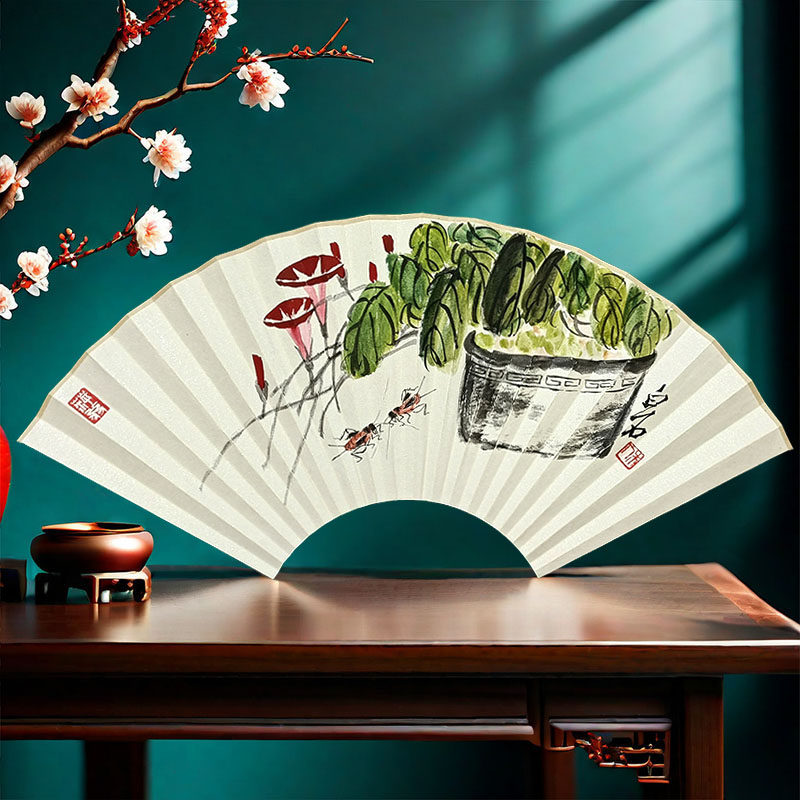 手绘扇面 牵牛花蟋蟀 蝈蝈蜻蜓 仿齐白石扇子95寸16/18方折扇定制