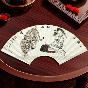 手绘扇面老虎 罗汉伏虎图 写意人物扇子 9.5寸18方折扇 多图 现货