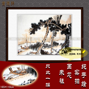 纯手绘国画仿名人字画潘天寿七尺横幅江州夜泊迎客松水墨山水挂画