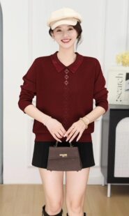 中年妈妈装秋冬新款时尚镶钻翻领长袖宽松显瘦纯色减龄针织衫上衣