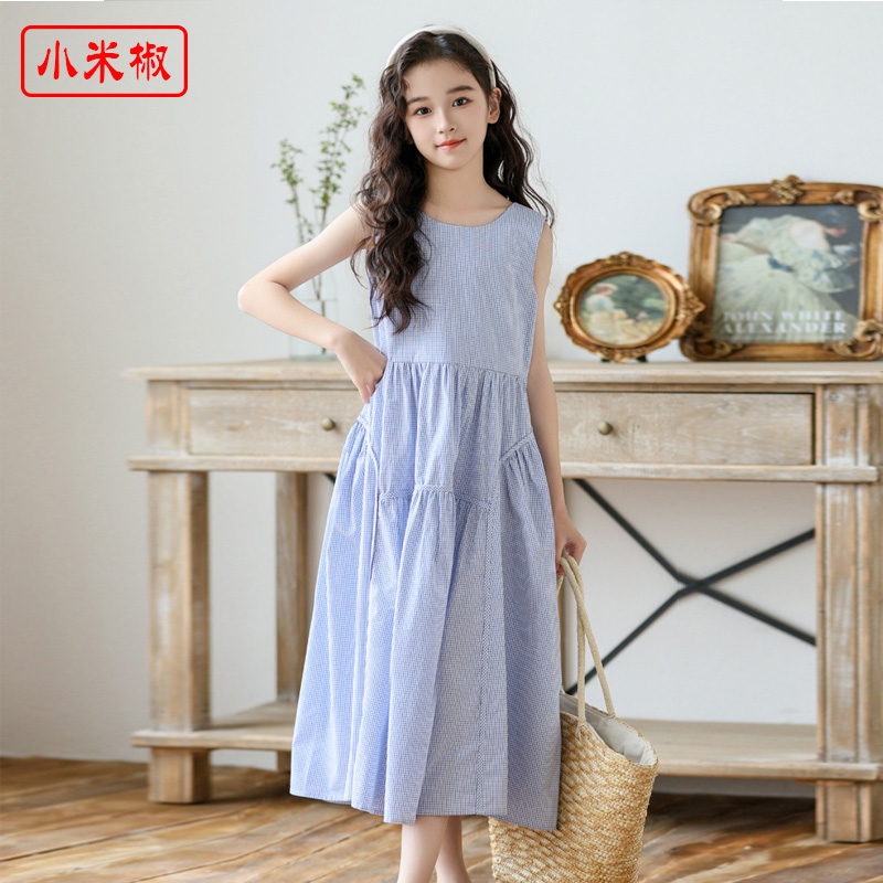 女童无袖背心裙夏季露背格子裙2025韩版收腰中大童洋气度假连衣裙