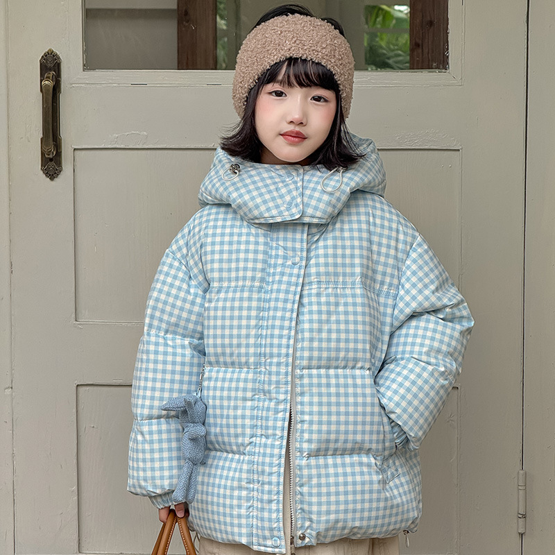 女童格子羽绒服中长款保暖加厚