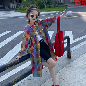 韩版彩色格子连衣裙秋冬中大女童亲子装英伦宽松母女中长款衬衫裙