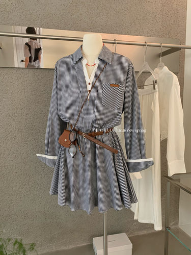 【Y.JIA 伊嘉】撞色拼接格纹衬衫裙连衣裙(配腰带)  Y26-3301