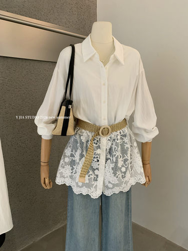 【Y.JIA 伊嘉】法式通勤蕾丝拼接亚麻长袖衬衫(配腰带)  Y26-9988
