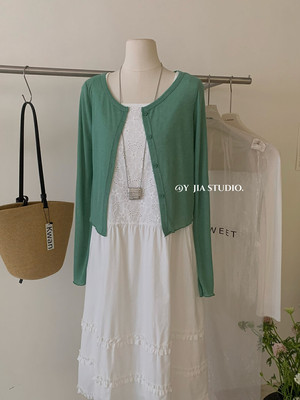 【Y.JIA 伊嘉】木耳边蕾丝拼接背心连衣长裙+绿色防晒开衫3386-5