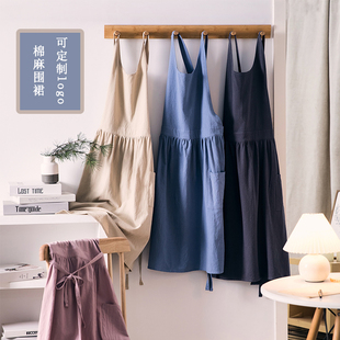 棉麻围裙女时尚 男工作服家用厨房宠物花艺美甲店定制logo印字可爱