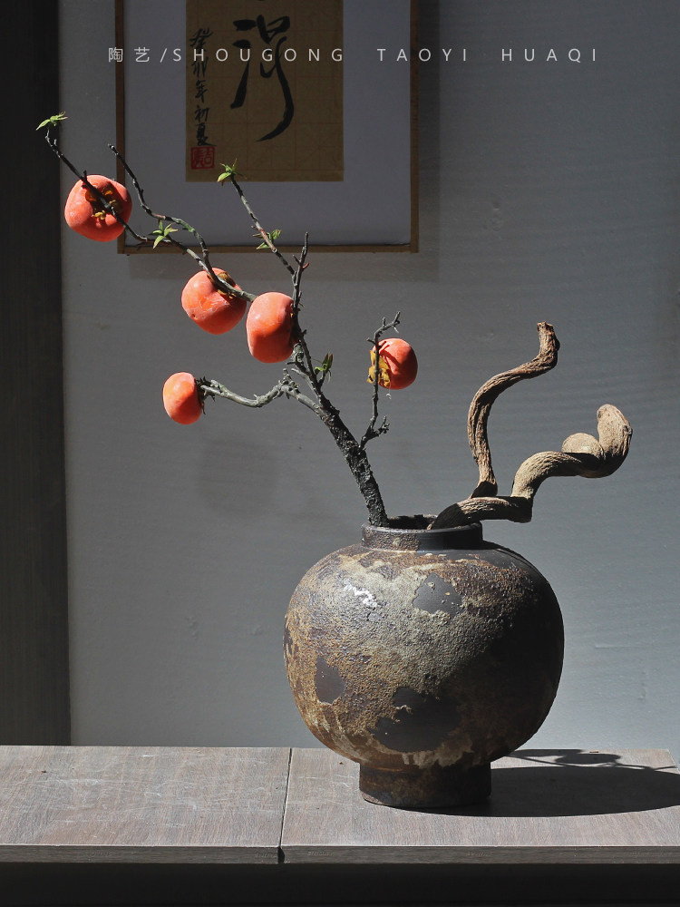 侘寂风复古粗陶花瓶客厅玄关桌面水培插花器大肚圆形陶罐中式摆件