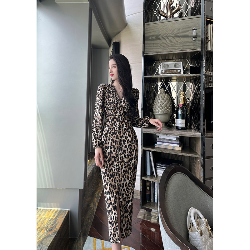 YOUKEFEIER 原创设计性感豹纹印花包臀裙气显瘦质V领长袖连衣裙,女装/女士精品,连衣裙,淘宝优惠券,粉丝福利购,淘宝优惠卷