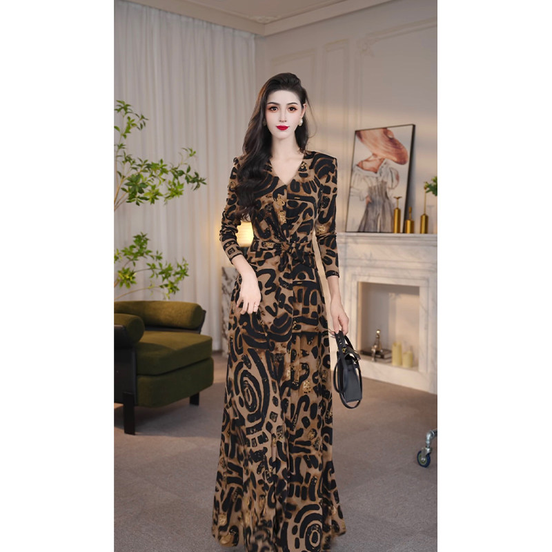 尤克菲儿 轻奢高定水晶麻印花气质优雅高级修身显瘦高腰连衣裙,女装/女士精品,连衣裙,淘宝优惠券,粉丝福利购,淘宝优惠卷