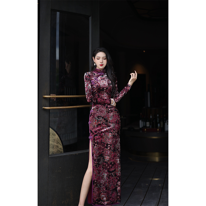 【尤克菲儿】原创设计高定丝绒烧花修身高腰印花气质新中式旗袍