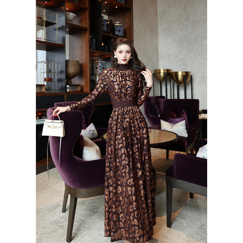 尤克菲儿 原创设计高定气质优雅花色网布植绒修身高腰连衣裙