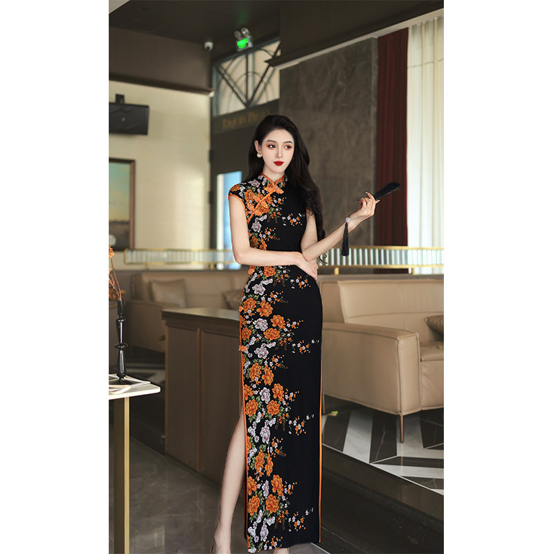 尤克菲儿 高定轻奢网布印花长裙修身气质优雅温柔高腰开叉旗袍,女装/女士精品,旗袍,淘宝优惠券,粉丝福利购,淘宝优惠卷