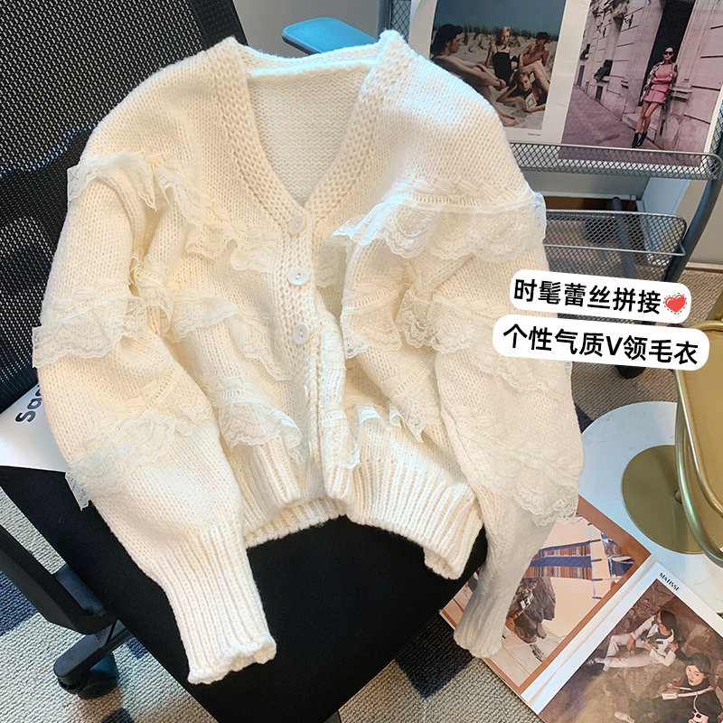 WHITE KNITTED CARDIGAN WOMENS V-NECK 2023 NEW SPRING AND AUTUMN WEAR DESIGN SENSE SOFT GLUT SWEATER JACKET AUTUMN AND WINTER STYLE