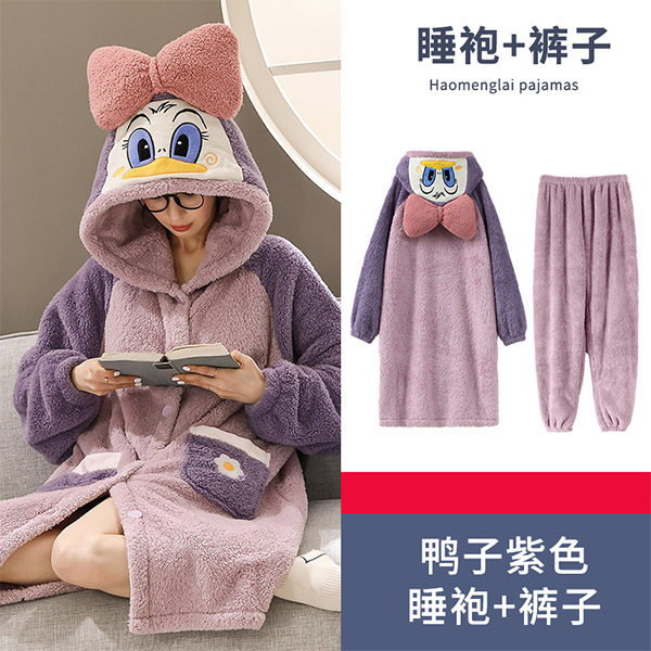 可爱唐老鸭睡衣女珊瑚绒秋冬季睡袍加绒加厚家居服小鸭子男款冬天