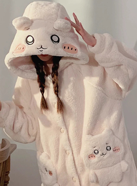 可爱吉伊卡哇睡衣chiikawa 乌萨奇睡袍Usagi女款秋冬季珊瑚绒加厚