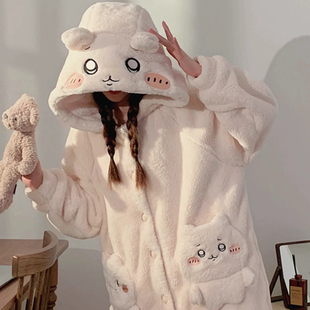 可爱吉伊卡哇睡衣chiikawa 乌萨奇睡袍Usagi女款秋冬季珊瑚绒加厚