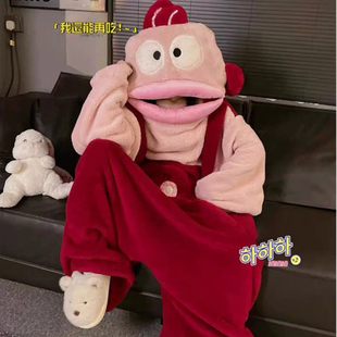 丑鱼连体服睡衣女生珊瑚绒卡通沙雕搞怪秋冬季睡袍男家居服大头鱼
