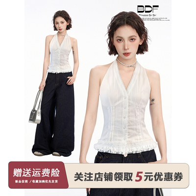 白色蕾丝花边挂脖吊带背心女夏外穿内搭打底美式辣妹鱼骨无袖上衣