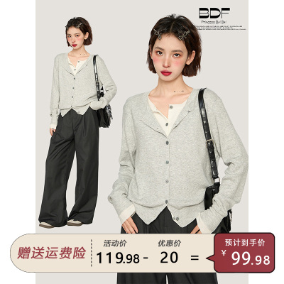 灰色v领假两件长袖毛衣针织衫女春秋冬早秋短款打底开衫外套上衣