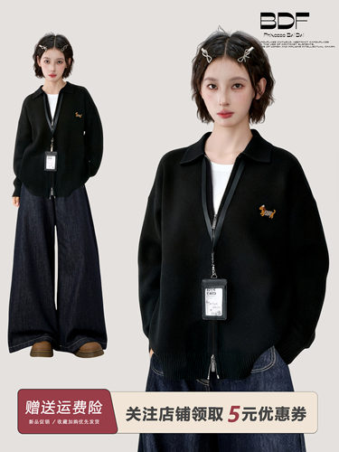 黑色polo翻领双拉炼毛衣外套女秋冬秋季加厚宽松慵懒针织开衫上衣