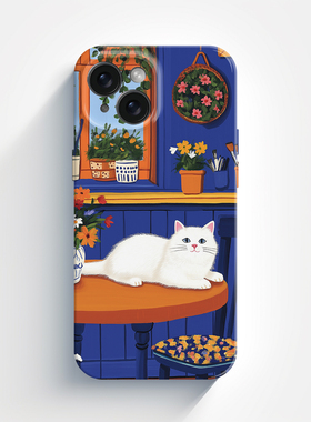 手绘白猫蓝色调猫适用iPhone16promax苹果14小米15新款mate70华为p70nova荣耀200菲林手机壳13opporeno13软壳