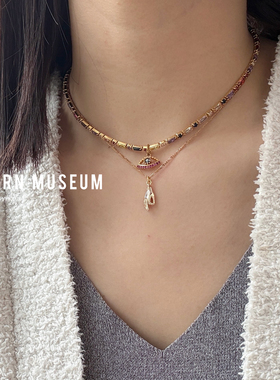 现货Modern Museum彩色恶魔之眼小手双层锁骨链叠戴项链小众高级