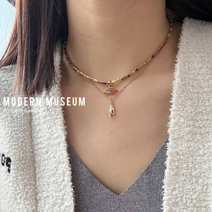 现货Modern Museum彩色恶魔之眼小手双层锁骨链叠戴项链小众高级