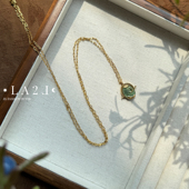 现货LA2L法国月亮太阳双面雕刻硬币绿珐琅复古长款 项链POUR TOI