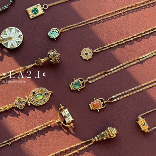 现货LA2L法国硬币雕刻宝石镶嵌异形立体复古项链纯手工POUR TOI