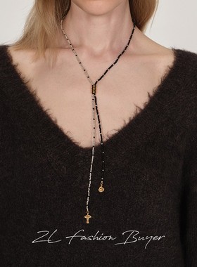 现货25AW新款DACCORD奇趣菇黑白串珠不对称可调节长项链Y字链