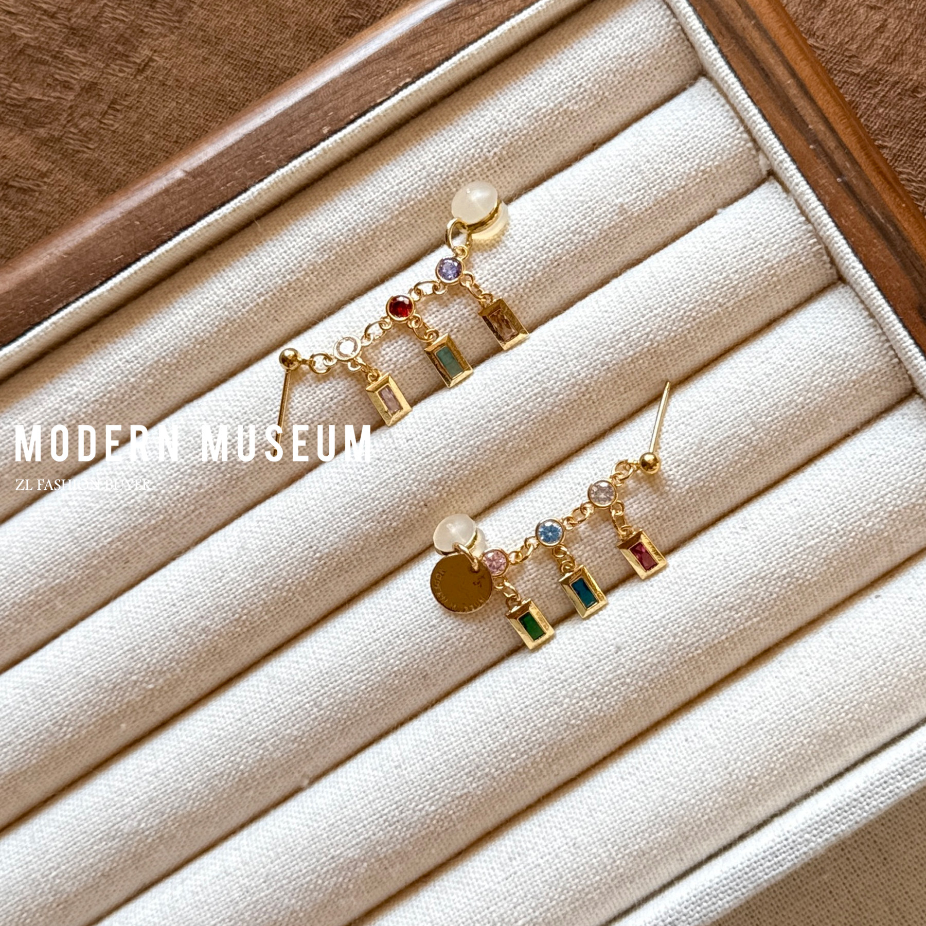 现货Modern Museum彩色水晶长方形多吊坠镀金链条个性高级耳环