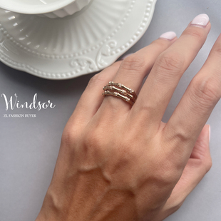 现货LHWindsor温莎竹节韧竹锆石镶嵌镀金银色开口小众设计戒指