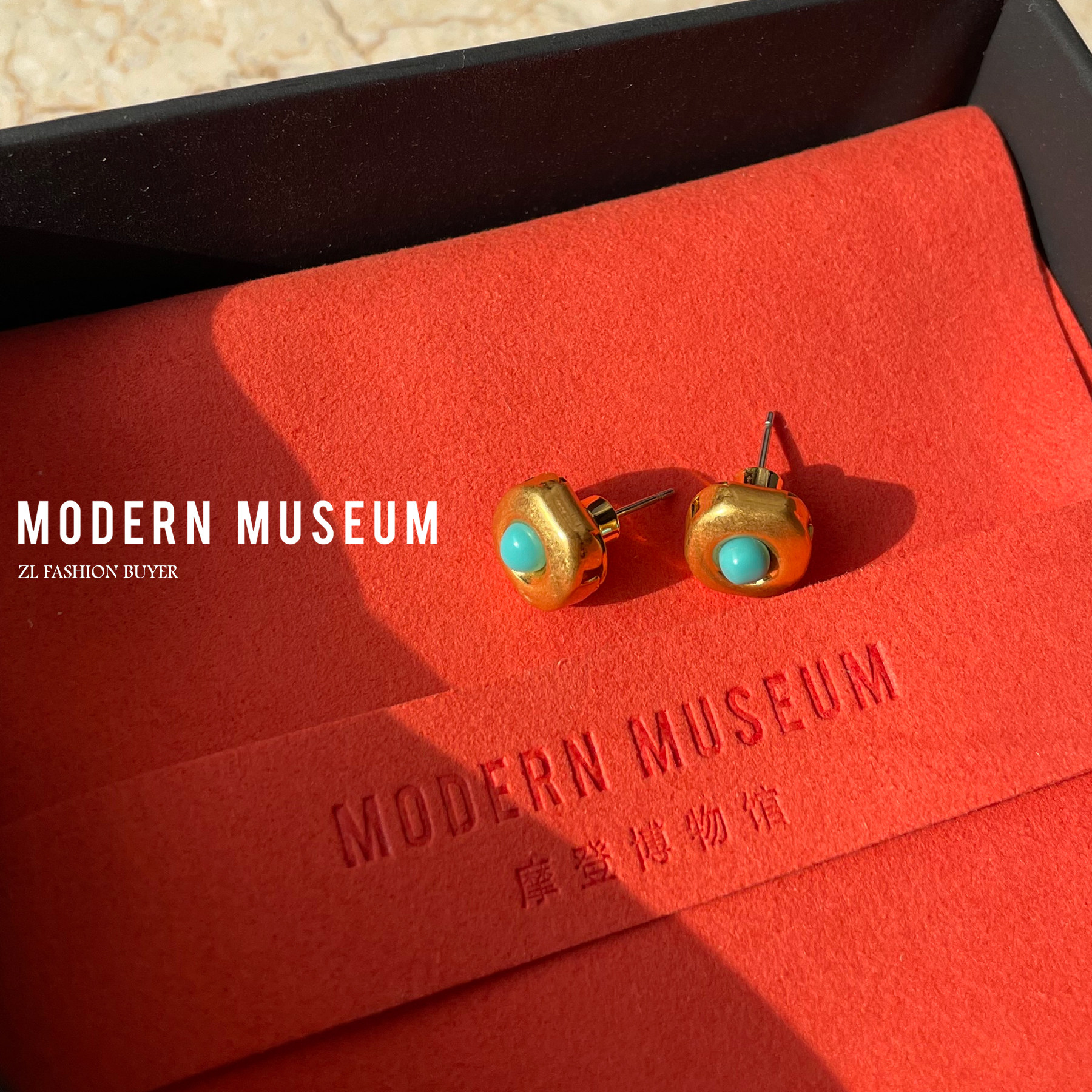 现货Modern Museum绿天然石镶嵌方形古金色简约高级复古小号耳钉