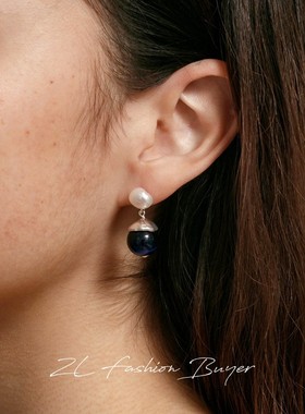 清仓Wolf Circus蓝猫眼石镶嵌珍珠高级纯银镀金耳环官方授权