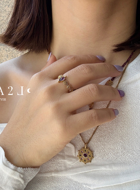 现货LA2L法国纯手工雕花紫水晶镶嵌复古精致高级开口戒指POUR TOI