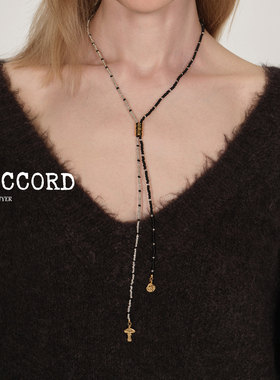 现货25AW新款DACCORD奇趣菇黑白串珠不对称可调节长项链Y字链