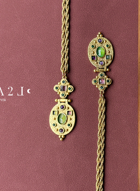 现货LA2L法国彩色宝石镶嵌纯手工雕刻椭圆立体复古项链POUR TOI