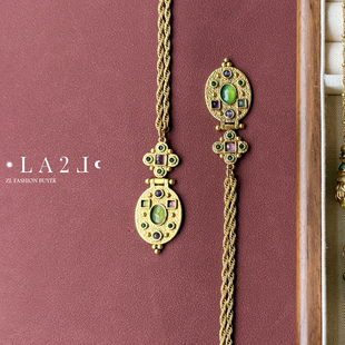 现货LA2L法国彩色宝石镶嵌纯手工雕刻椭圆立体复古项链POUR TOI