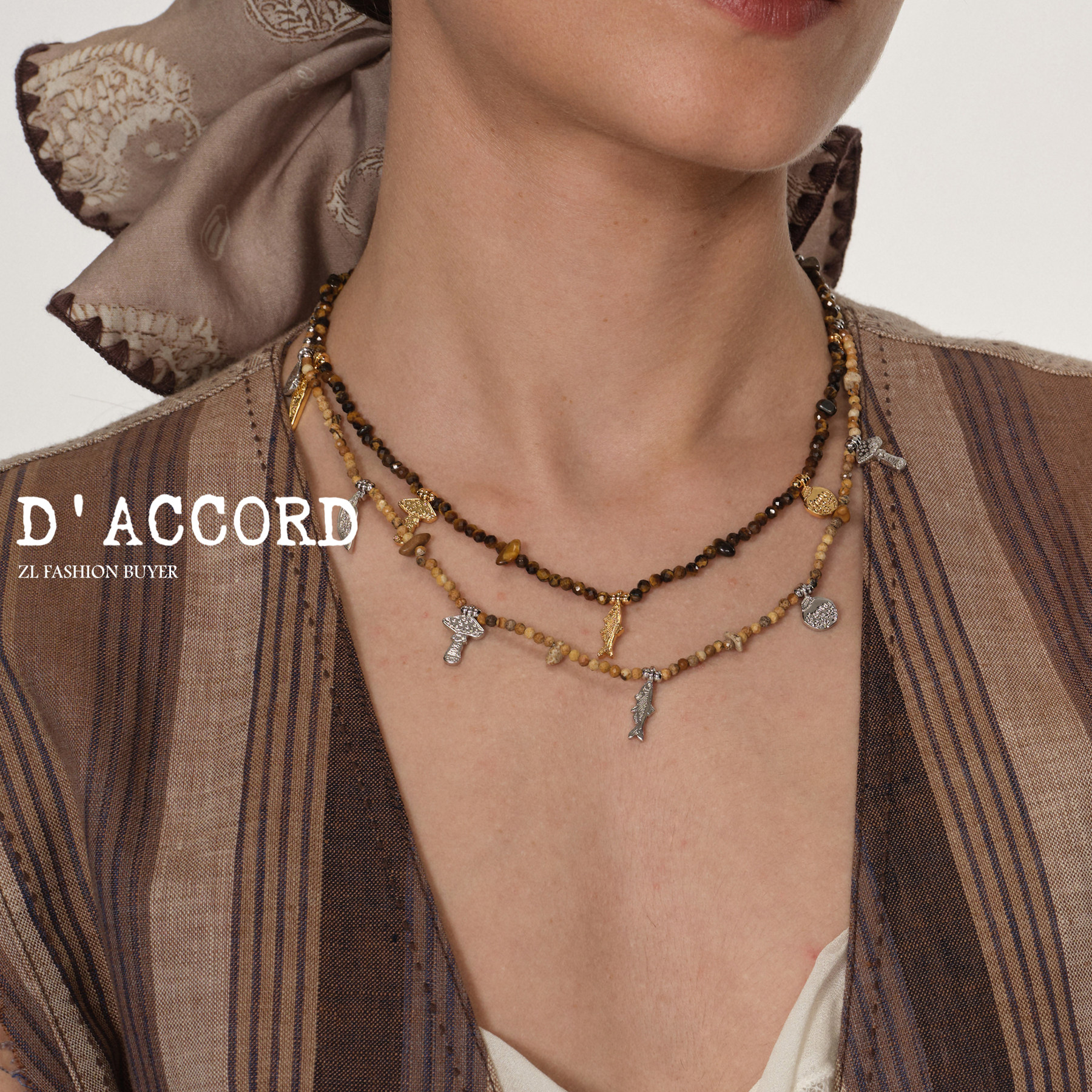 现货DACCORD奇趣雨林串珠青金石虎眼石图画石小鱼项链 陈数同款