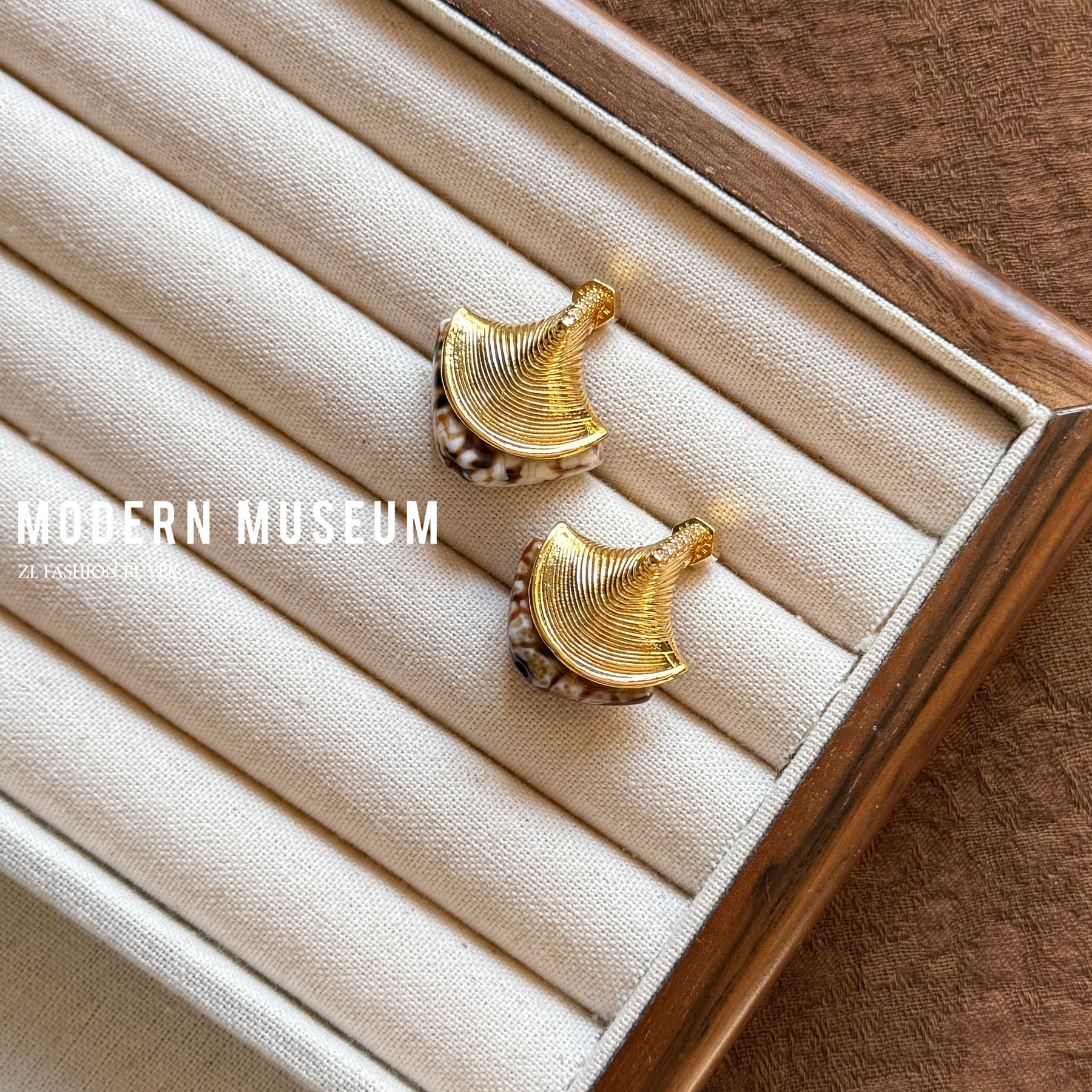 现货Modern Museum扇形纹理部落风天然石个性高级镀金耳环耳钉