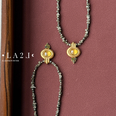 现货LA2L法国天然黄铁矿椭圆黄水晶镶嵌复古项链纯手工POUR TOI